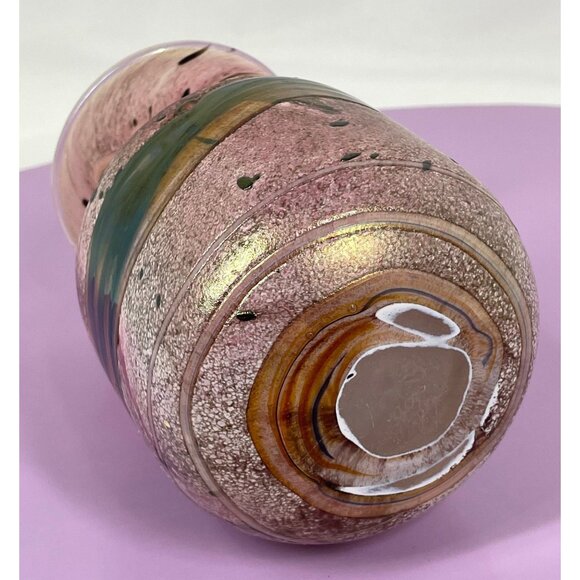 Vintage art glass vase, pink, green, gold, hand blown, signed Gozo Jean - Picture 9 of 10